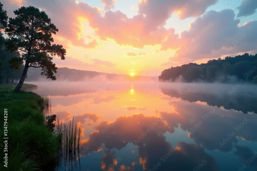 Obraz premium Gentle fog rolls in over a tranquil lake at sunrise, serene, watery, calm