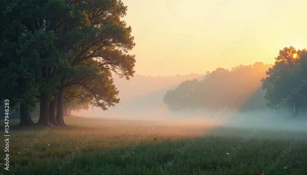 Fototapeta premium Gentle foggy morning landscape with blurred trees and soft warm light, morning, soft light, calm atmosphere