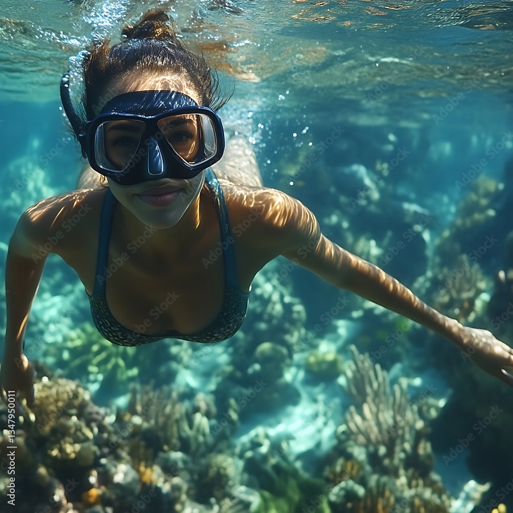 Naklejka premium Woman snorkeling vibrant coral reef, ocean