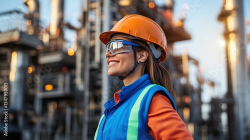 Confident female engineer in hard hat and safety glasses stands before large industrial refinery at sunset wea high-visibility vest and smiling brightly