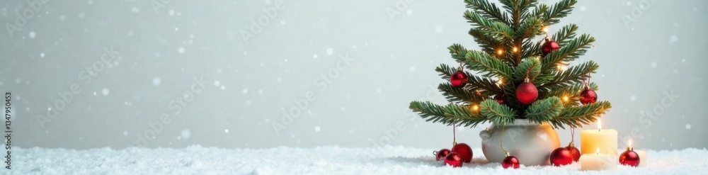 evergreen fir tree in vase with ornaments and candles lit on snowy white background, Snowy Background, Winter Scene evergreen fir tree in vase with ornaments and candles lit on snowy white background, Snowy Background, Winter Scene