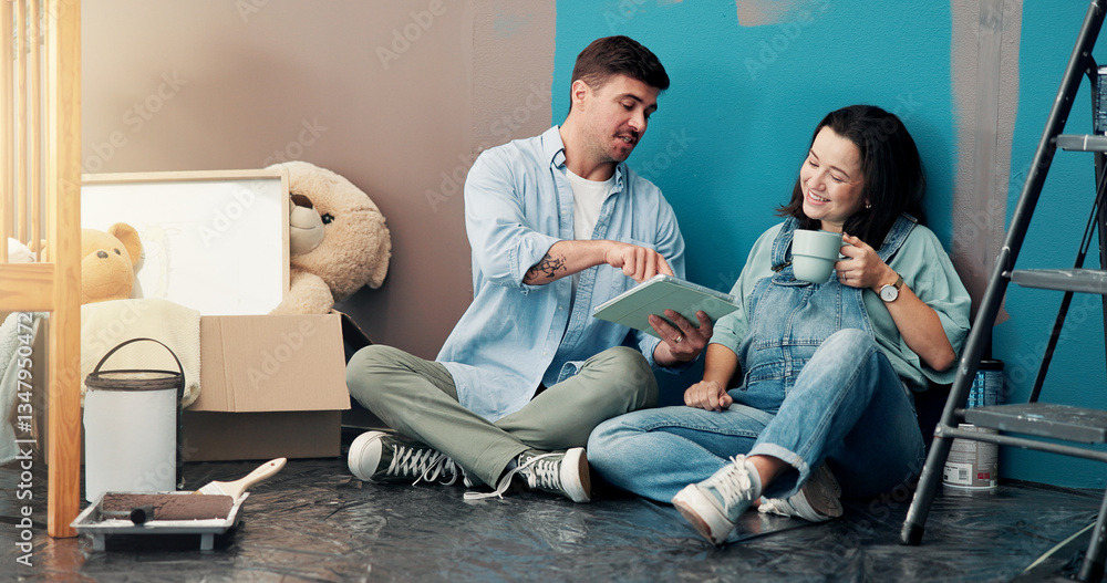 Home, renovation and couple with tablet, baby room and ecommerce choices with planning for decoration. Support, man and pregnant woman on floor, tech and digital layout with DIY, relax or internet