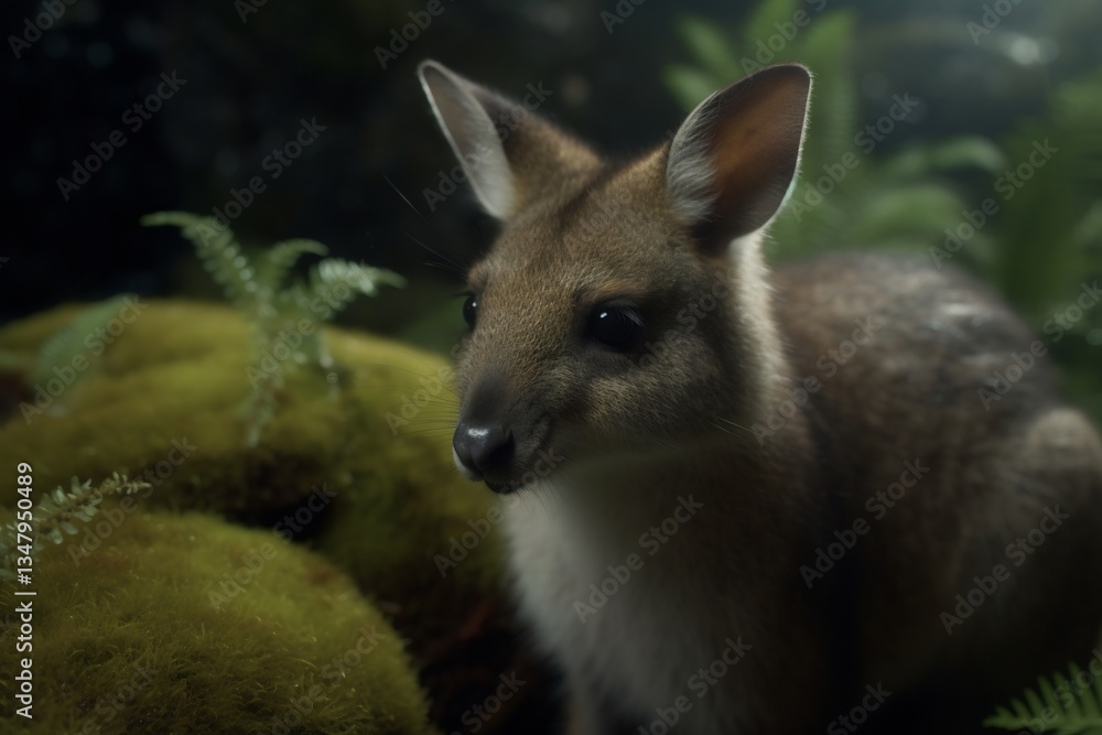 Fototapeta premium Agile Wallaby cautiously emerging dense vegetation of riparian zone wet fur glistening droplet after cooling off nearby stream lush greenery frame body naturally soft lighting accentuates freshness of