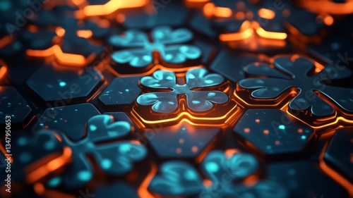 Abstract glowing four leaf clover pattern on hexagonal grid