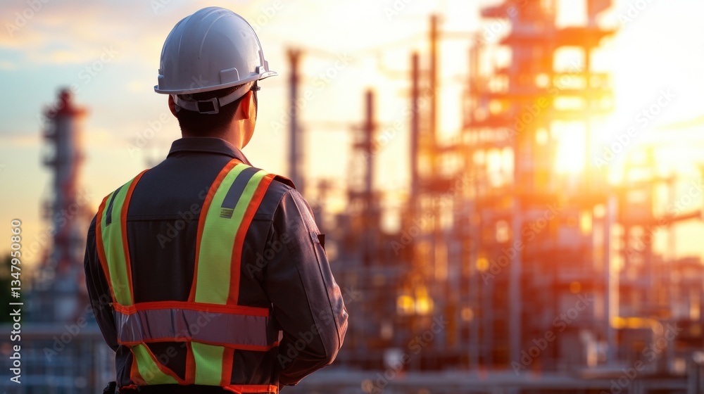 A Worker in Safety Vest and Hard Hat Stands with Arms Crossed Gazing at a Large Industrial Refinery Complex Against a Vibrant Sunset Background A Worker in Safety Vest and Hard Hat Stands with Arms Crossed Gazing at a Large Industrial Refinery Complex Against a Vibrant Sunset Background