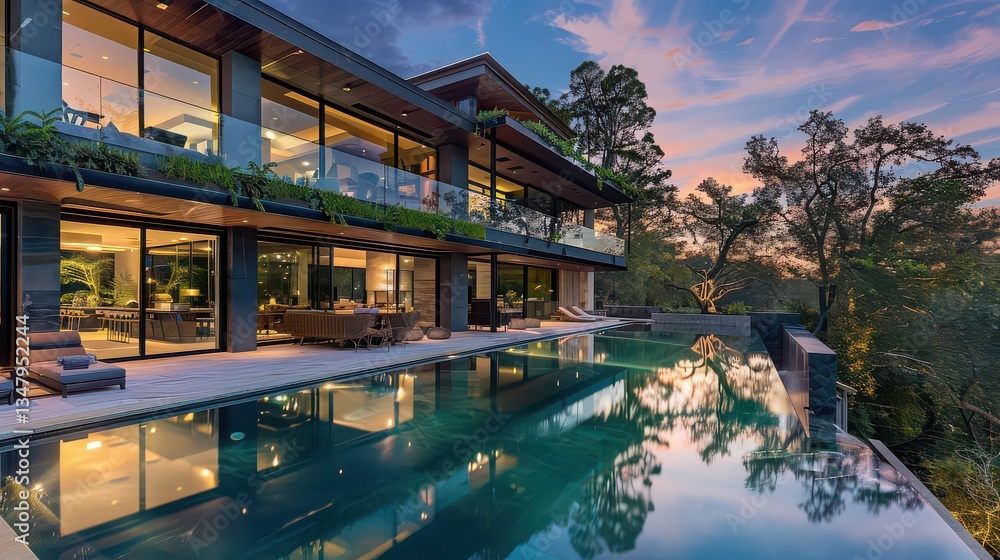 Obraz premium A contemporary mansion with large panoramic windows, a green-roofed terrace, and a reflective swimming pool 