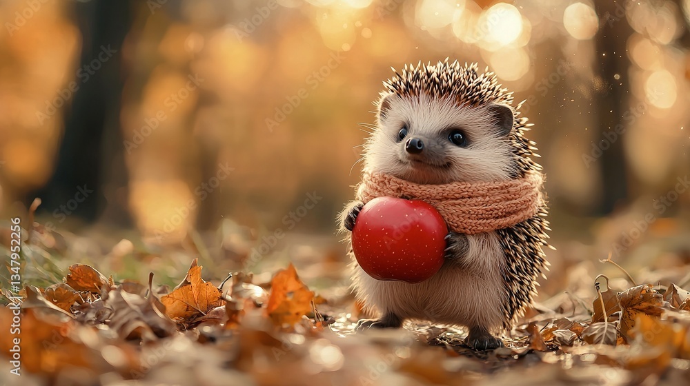 A cute hedgehog in the forest holding a shiny red apple A cute hedgehog in the forest holding a shiny red apple