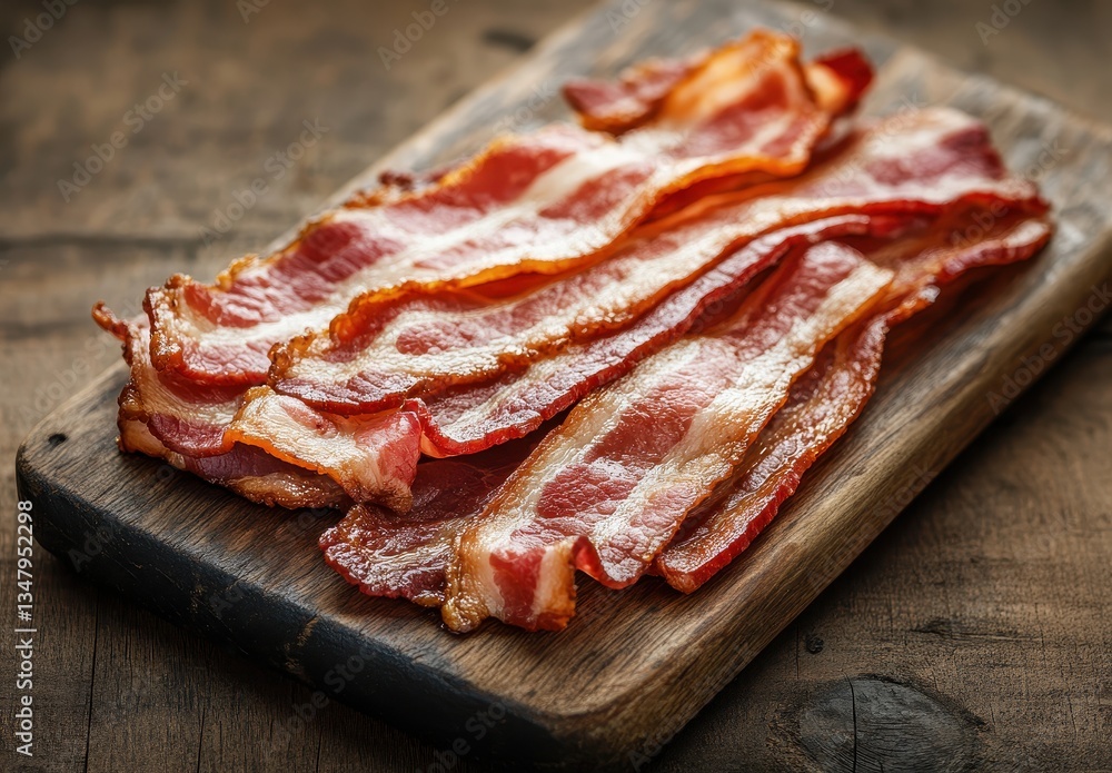 Obraz premium Crispy Fried Bacon Strips on a Wooden Cutting Board Ready for Breakfast or Culinary Use in Various Dishes with a Rustic Background