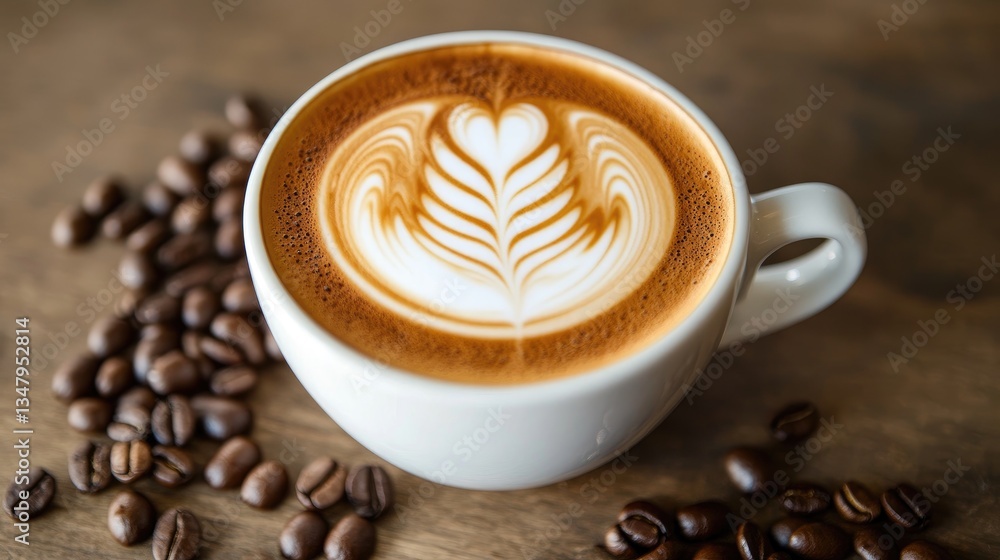 Fototapeta premium A steaming cup of cappuccino with beautiful foam art placed on a wooden table, surrounded by coffee beans.