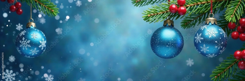 Hanging blue ornaments with snowflakes, pinecones, and berries , christmas, winter, background Hanging blue ornaments with snowflakes, pinecones, and berries , christmas, winter, background