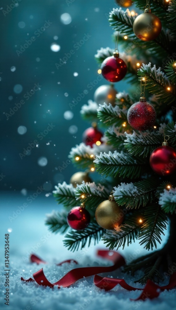 Frosty snowflakes fall gently around a green Christmas tree with ornaments and lights , winter wonderland, frosty Frosty snowflakes fall gently around a green Christmas tree with ornaments and lights , winter wonderland, frosty