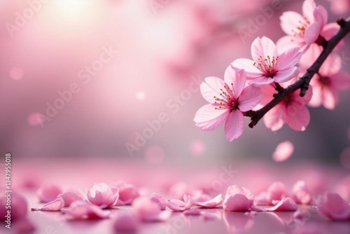 Gentle pink sakura petals drift gently in soft focus background, cherry blossom, abstract