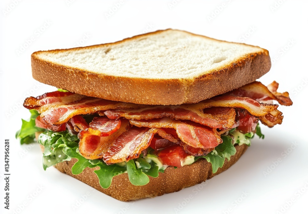 Obraz premium Delicious Bacon Sandwich Stacked with Crispy Bacon, Fresh Lettuce, and Zesty Condiments on Soft Bread, Perfect for Breakfast or Lunch Events