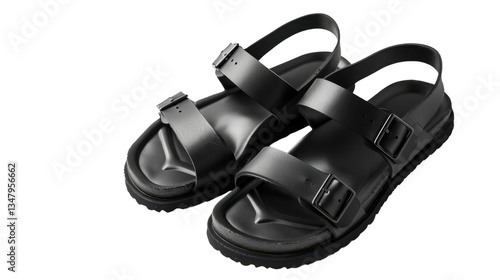 Pair of black leather sandals isolated on transparent background