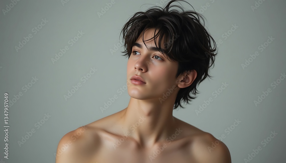 Young Man Looking Upward with Soft Lighting and Gentle Expression Young Man Looking Upward with Soft Lighting and Gentle Expression