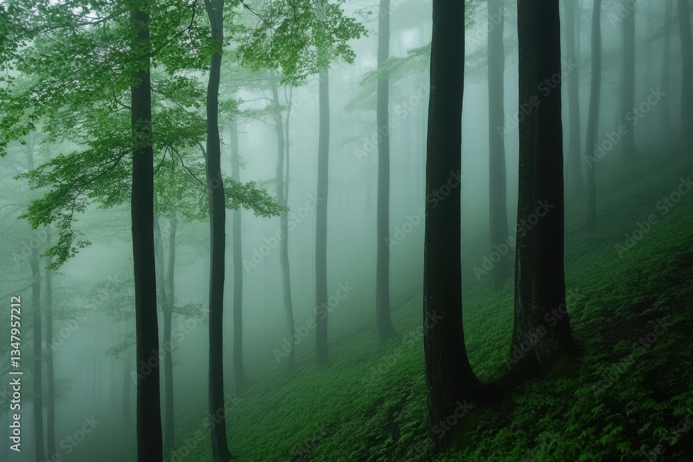 Fototapeta premium Misty Forest Landscape with Tall Trees and Ethereal Atmosphere