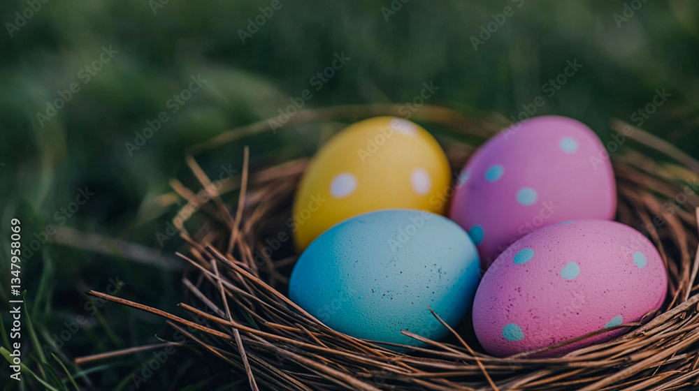 A nest contains four colorful Easter eggs, featuring yellow, blue, pink, and green hues, with decorative polka dots, resting on green grass. A nest contains four colorful Easter eggs, featuring yellow, blue, pink, and green hues, with decorative polka dots, resting on green grass.