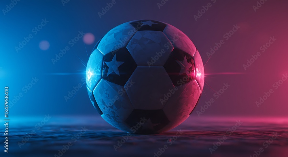Naklejka premium Stylized soccer ball with star patterns in vivid neon lighting - competition concept - sports-themed advertising.