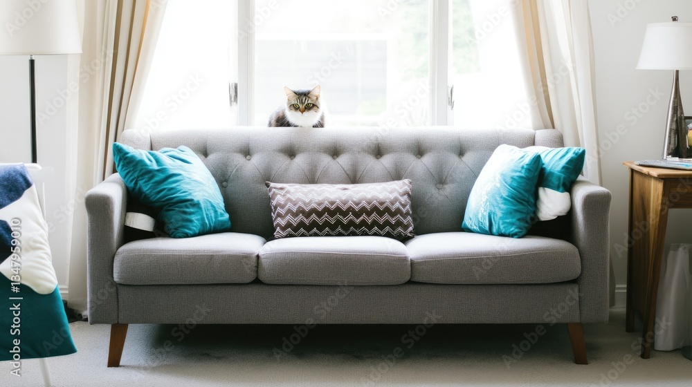 Fototapeta premium A bright and airy room with a comfortable grey fabric sofa, featuring a brown cushion for contrast
