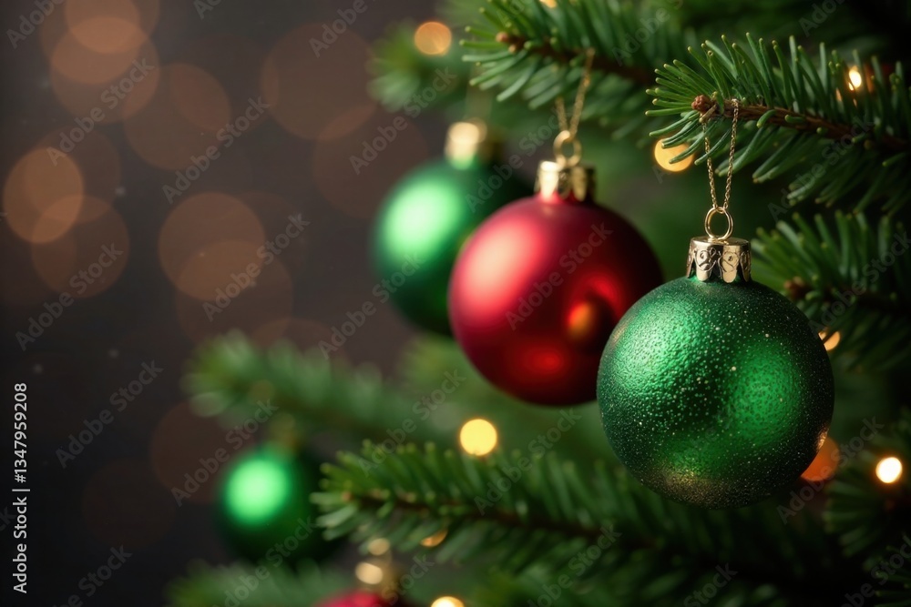 Hanging ball decoration with red and green ornaments on a Christmas tree , interior, decor Hanging ball decoration with red and green ornaments on a Christmas tree , interior, decor