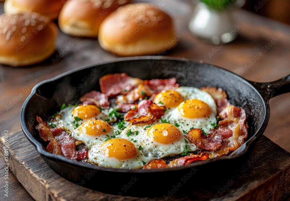 Delicious breakfast featuring crispy bacon and sunny side up eggs in a cast iron skillet on a rustic wooden table with fresh bread rolls in background Delicious breakfast featuring crispy bacon and sunny side up eggs in a cast iron skillet on a rustic wooden table with fresh bread rolls in background