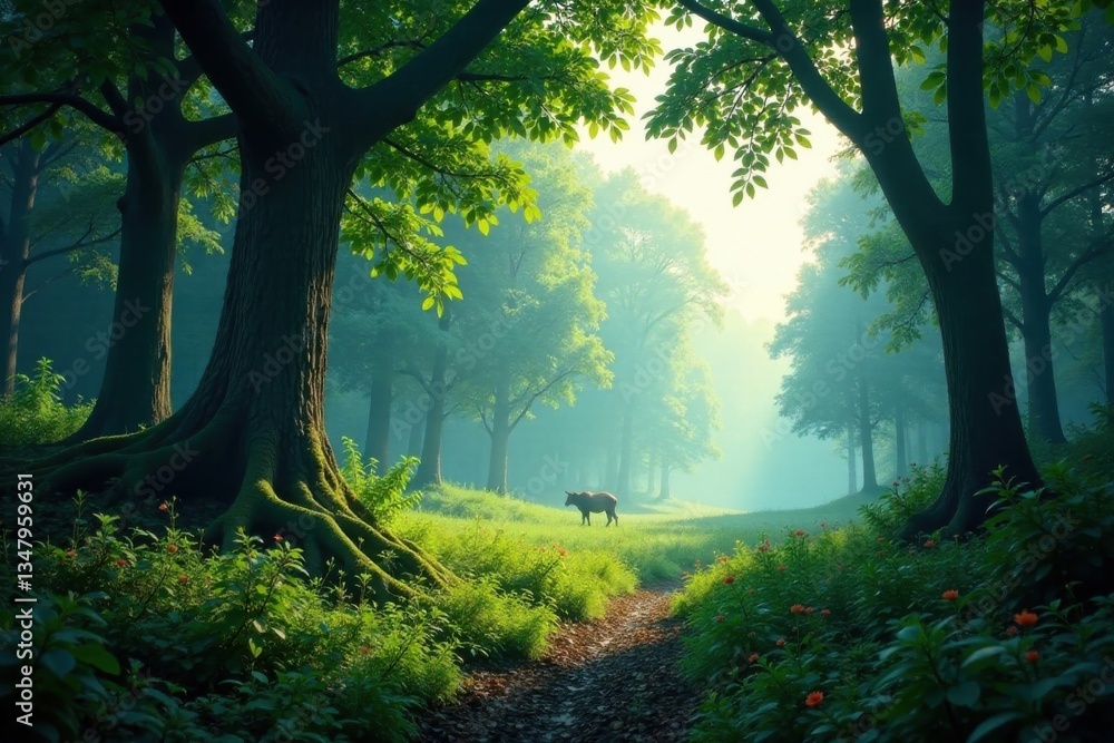 Naklejka premium Lush forest with trees and wildlife in the distance, wilderness, foliage, trees