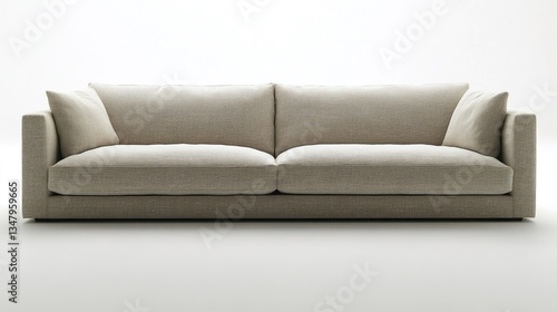 A clean and modern living area with a simple light grey sofa, soft cushion, and minimalist decor