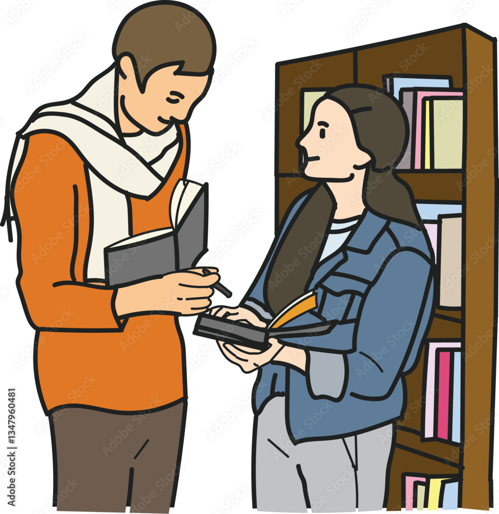 Two people in a library looking at books and interacting with each other vector