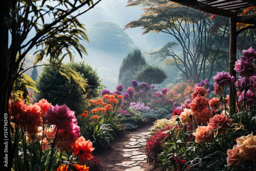 A mystical garden of towering peaks, ethereal mist, and abundant woodlands, where very air hums with enchantment and dance of nature unfolds veiled sanctuary