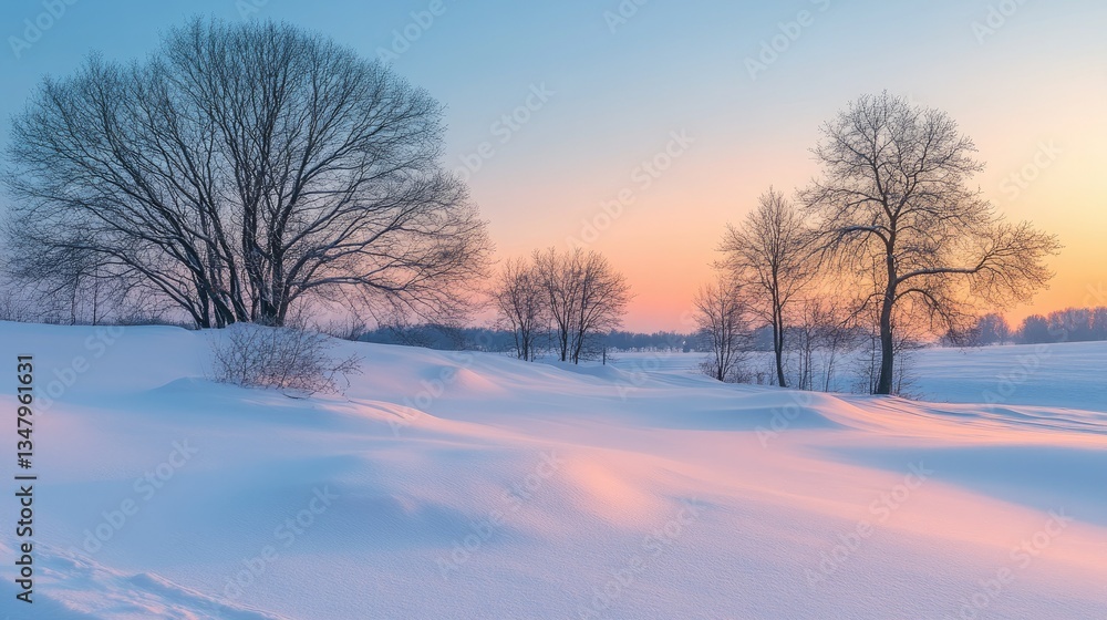 Serene Winter Sunset Landscape: Bare Trees in a Snow-Covered Field Serene Winter Sunset Landscape: Bare Trees in a Snow-Covered Field