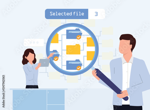 Data document management system analysis concept. Determine which files in which folders are selected in a job. Vector illustration design