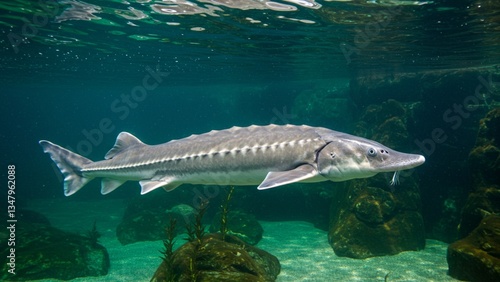 A stunning and highly detailed image of a Beluga Sturgeon fish, showcasing its elongated body, smooth grayish skin, and distinctive snout