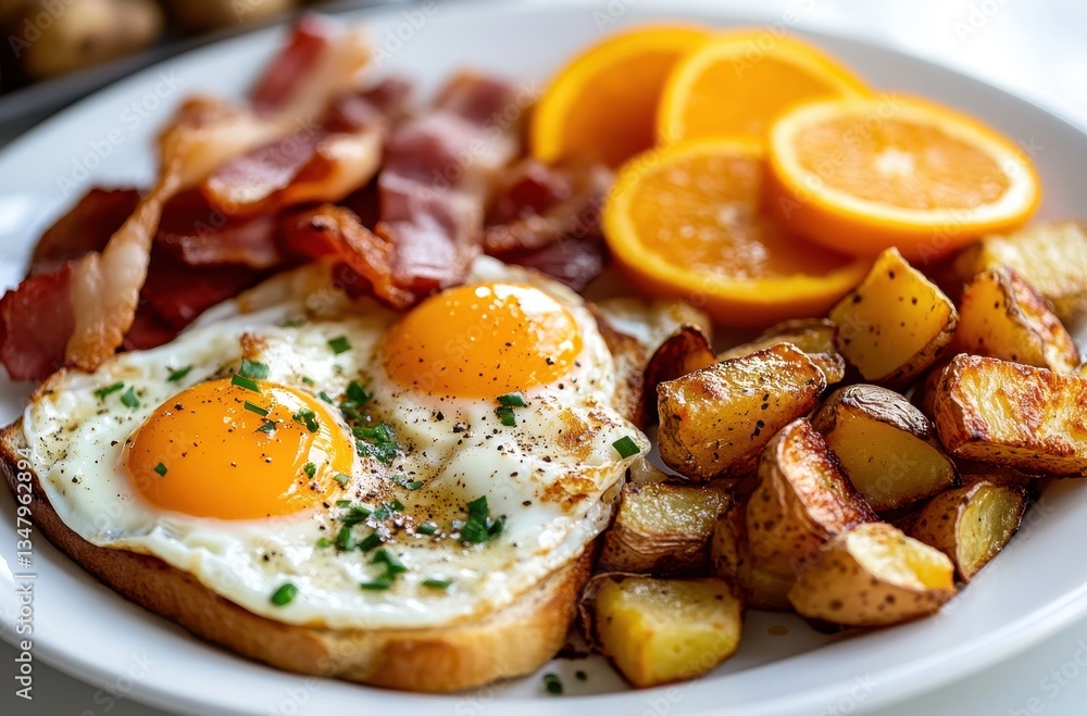 Delicious breakfast plate with sunny side up eggs, crispy bacon, golden potatoes, and fresh orange slices on a white plate for a perfect morning meal Delicious breakfast plate with sunny side up eggs, crispy bacon, golden potatoes, and fresh orange slices on a white plate for a perfect morning meal