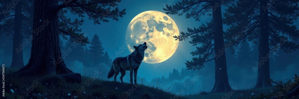 Moonlit forest with a lone wolf howling at the top of its lungs, full moon, silhouette, Moonlit forest with a lone wolf howling at the top of its lungs, full moon, silhouette,