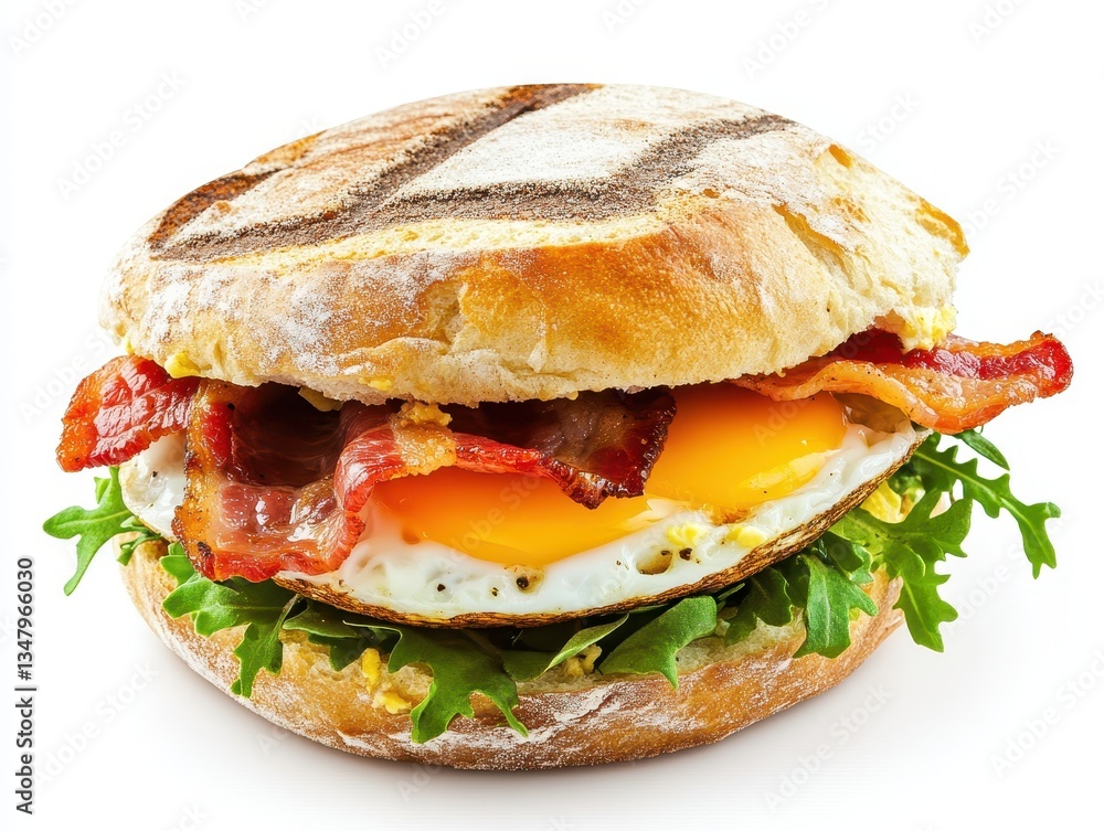 Delicious breakfast sandwich with crispy bacon, sunny-side-up egg, fresh greens, and artisan bread for a mouthwatering start to your day Delicious breakfast sandwich with crispy bacon, sunny-side-up egg, fresh greens, and artisan bread for a mouthwatering start to your day