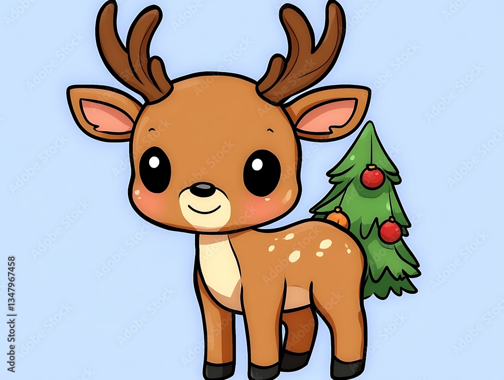 A cute cartoon deer stands proudly next to a decorated tree A cute cartoon deer stands proudly next to a decorated tree