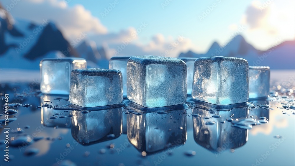 Fresh ice cubes melting on reflective icy surface in snowy mountains Fresh ice cubes melting on reflective icy surface in snowy mountains