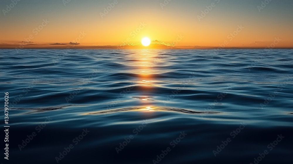Obraz premium The sun is setting over the ocean, casting a warm glow on the water. The sky is a mix of orange and pink hues, creating a serene and peaceful atmosphere. The water is calm and still