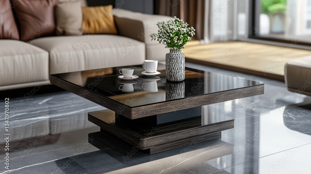 A small wooden table with an expandable glass surface, ideal for relaxing with coffee A small wooden table with an expandable glass surface, ideal for relaxing with coffee