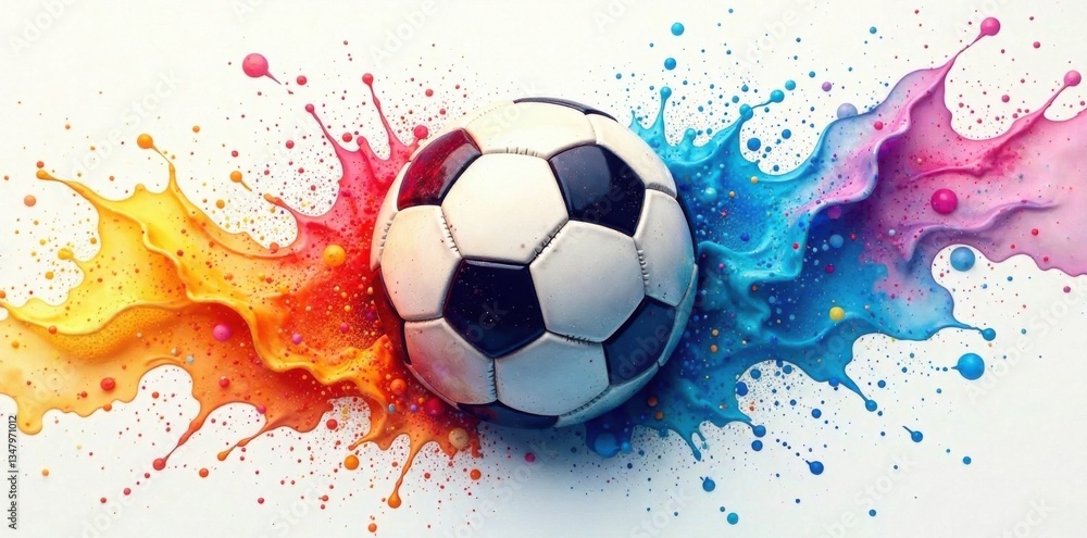 Naklejka premium Quick shot of soccer ball released from vibrant watercolor droplets , ball, kick, football