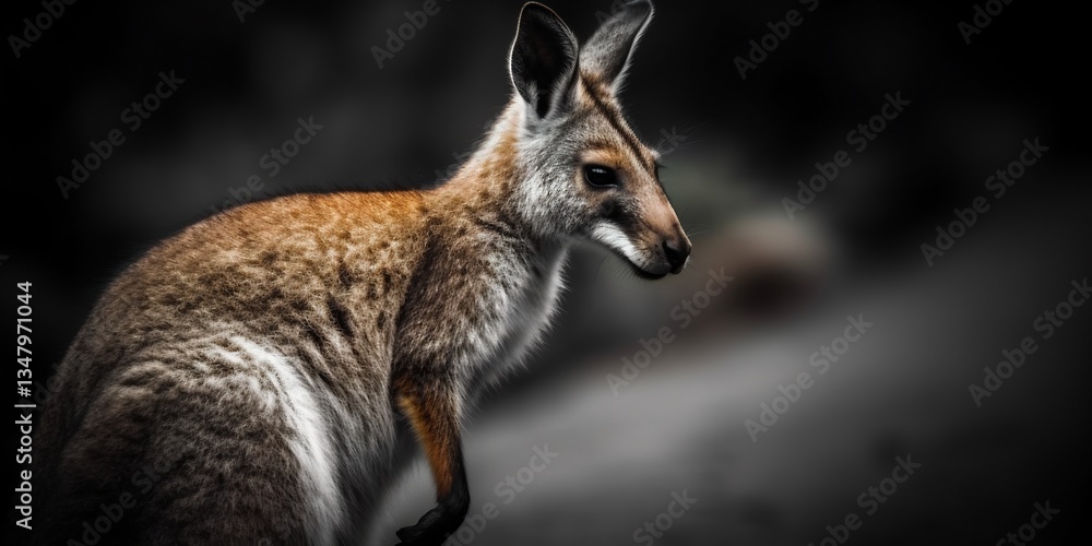 Fototapeta premium Agile Wallaby standing alert near winding dirt road cautiously eyeing approaching vehicle distance contrast between wildlife human infrastructure captured dramatic tone composition emphasizes delicate
