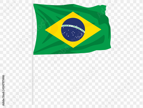 Waving Brazil flag isolated on transparent PNG background. Perfect for designs or digital projects, showcasing the iconic green, yellow, and blue flag symbolizing Brazil's heritage and unity. vector