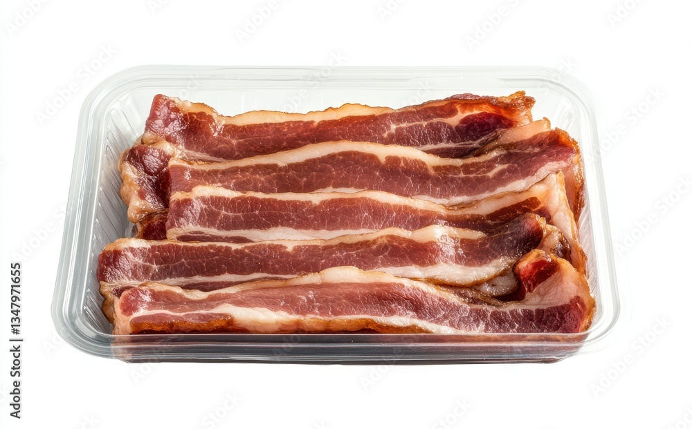 Delicious Freshly Sliced Bacon Strips Ready to Cook for Breakfast, Lunch or Dinner in a Clear Plastic Packaging for Culinary Uses Delicious Freshly Sliced Bacon Strips Ready to Cook for Breakfast, Lunch or Dinner in a Clear Plastic Packaging for Culinary Uses