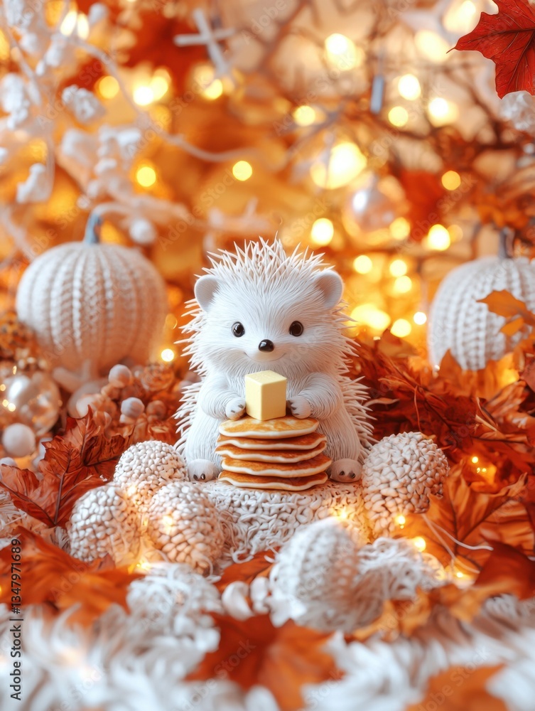 Obraz premium A cute hedgehog figurine sits among autumn leaves and decorative pumpkins, holding a buttered pancake, illuminated by warm fairy lights.