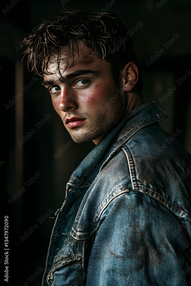 Fototapeta premium A handsome young man wearing a denim jacket looking back