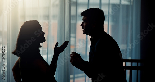 Фотография Conflict, couple and disagreement with argument in home for cheating affair, marriage infidelity or betrayal