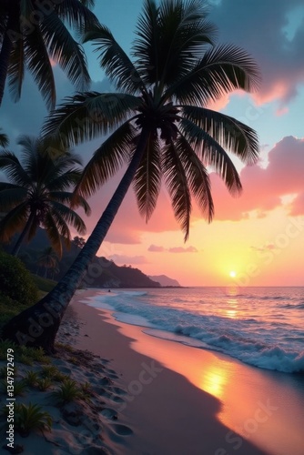 Palm Tree Line along Sandy Ocean Shoreline at Dusk, film texture, ocean, seaside