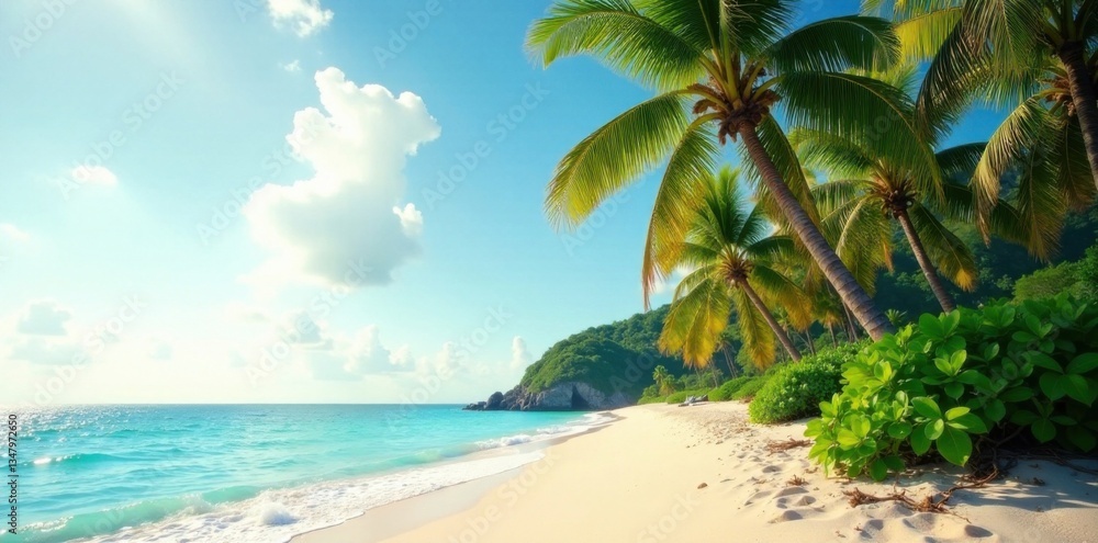 Fototapeta premium Palm trees sway gently in the tropical breeze, against a warm sandy ocean beach backdrop, palm trees, ocean