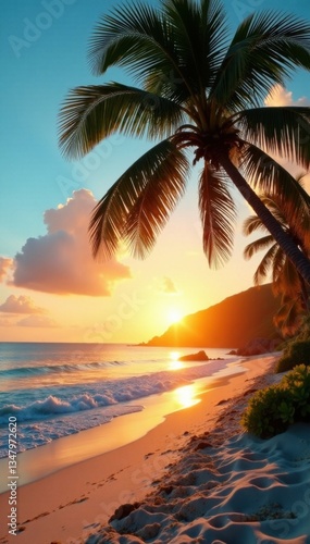 Palm trees sway gently in the ocean breeze on a warm sandy beach at sunset, relaxing, palm tree