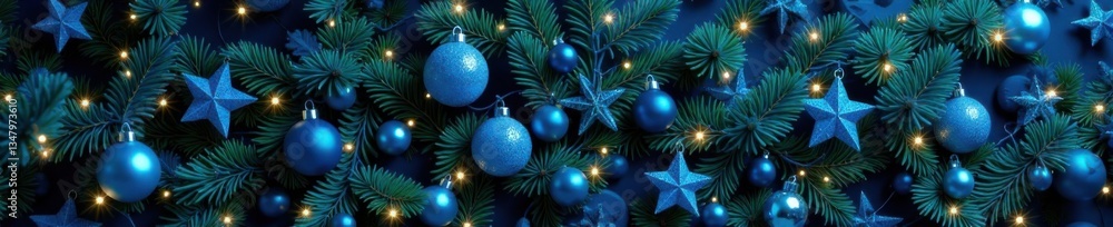 Pattern of intertwined Christmas trees with blue ornaments and lights, Holiday Decor, Snowflakes Pattern of intertwined Christmas trees with blue ornaments and lights, Holiday Decor, Snowflakes